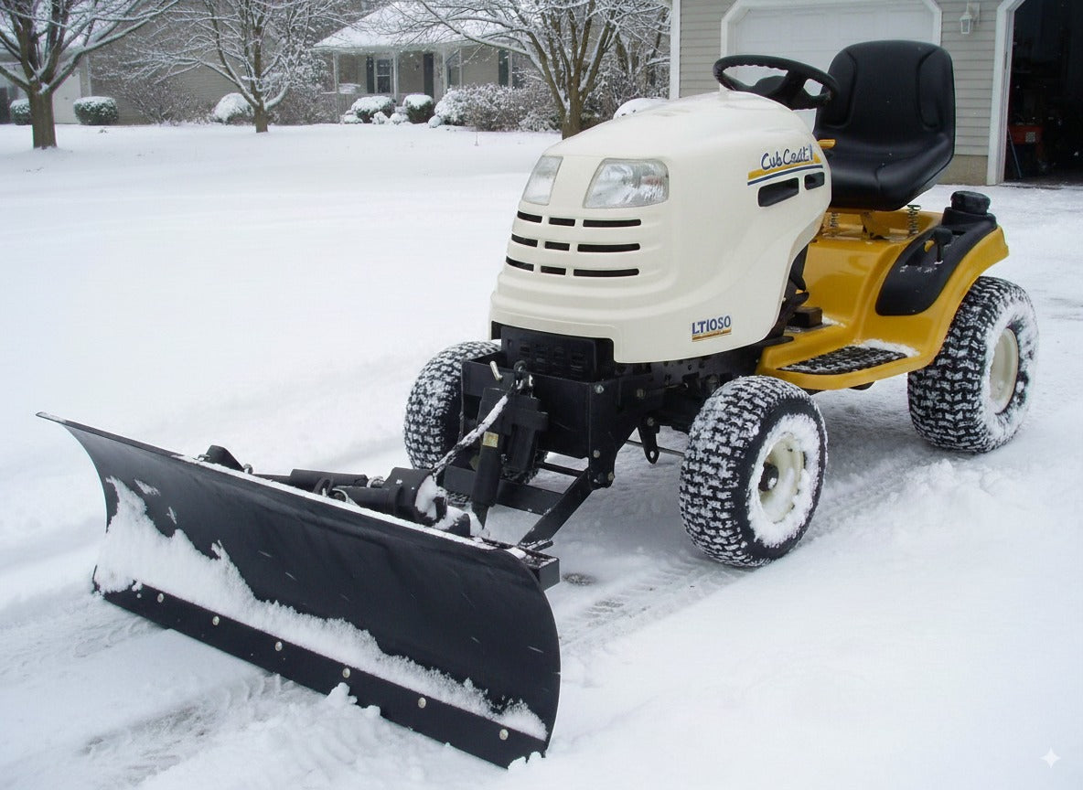 Lawn tractor with a snow plow attachment in a snowy driveway
